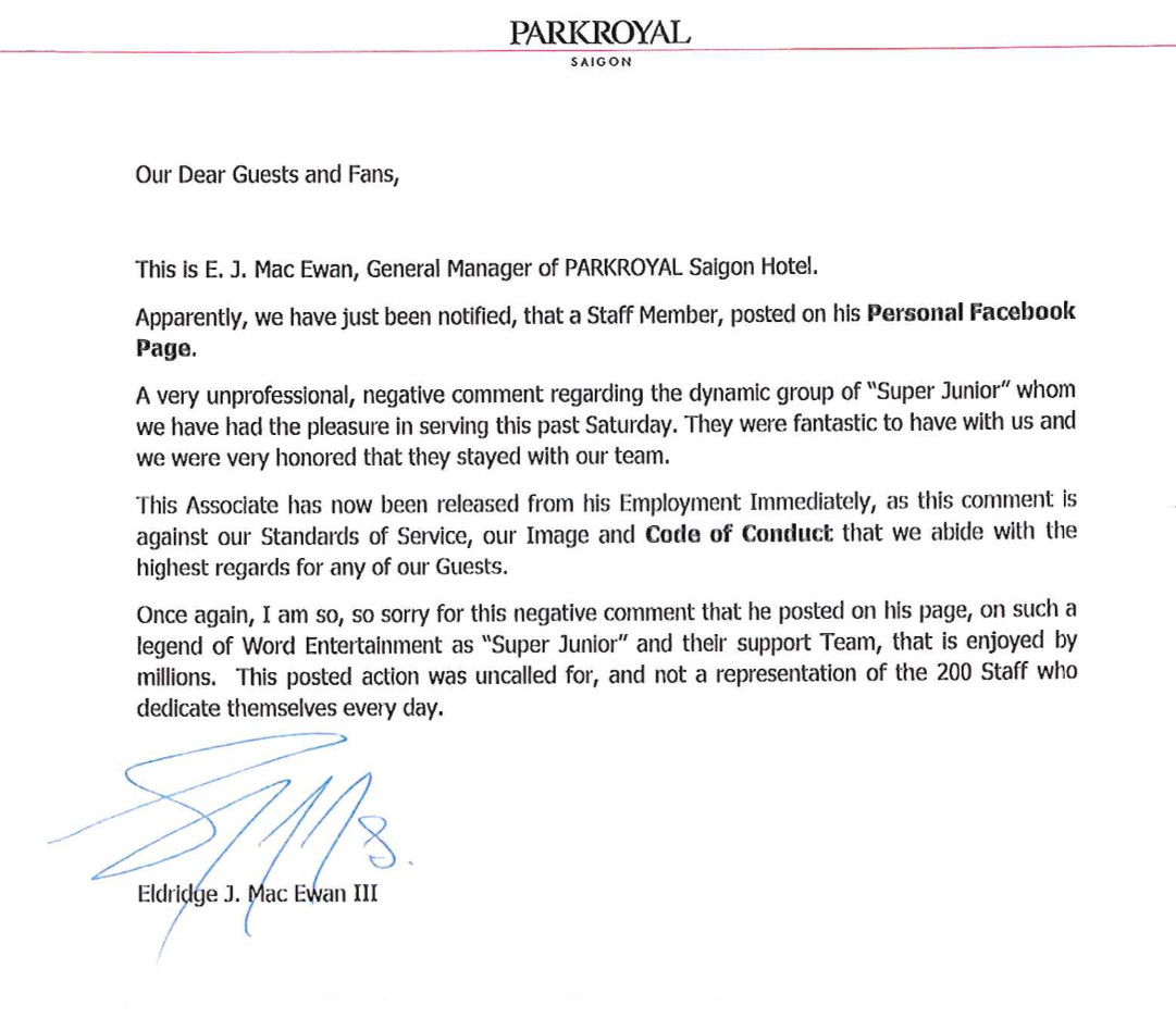 Tổng giám đốc khách sạn phục vụ Super Junior xin lỗi vì nói xấu nhóm nhạc nổi tiếng Hàn Quốc. Tổng giám đốc khách sạn phục vụ Super Junior xin lỗi vì nói xấu nhóm nhạc nổi tiếng Hàn Quốc.