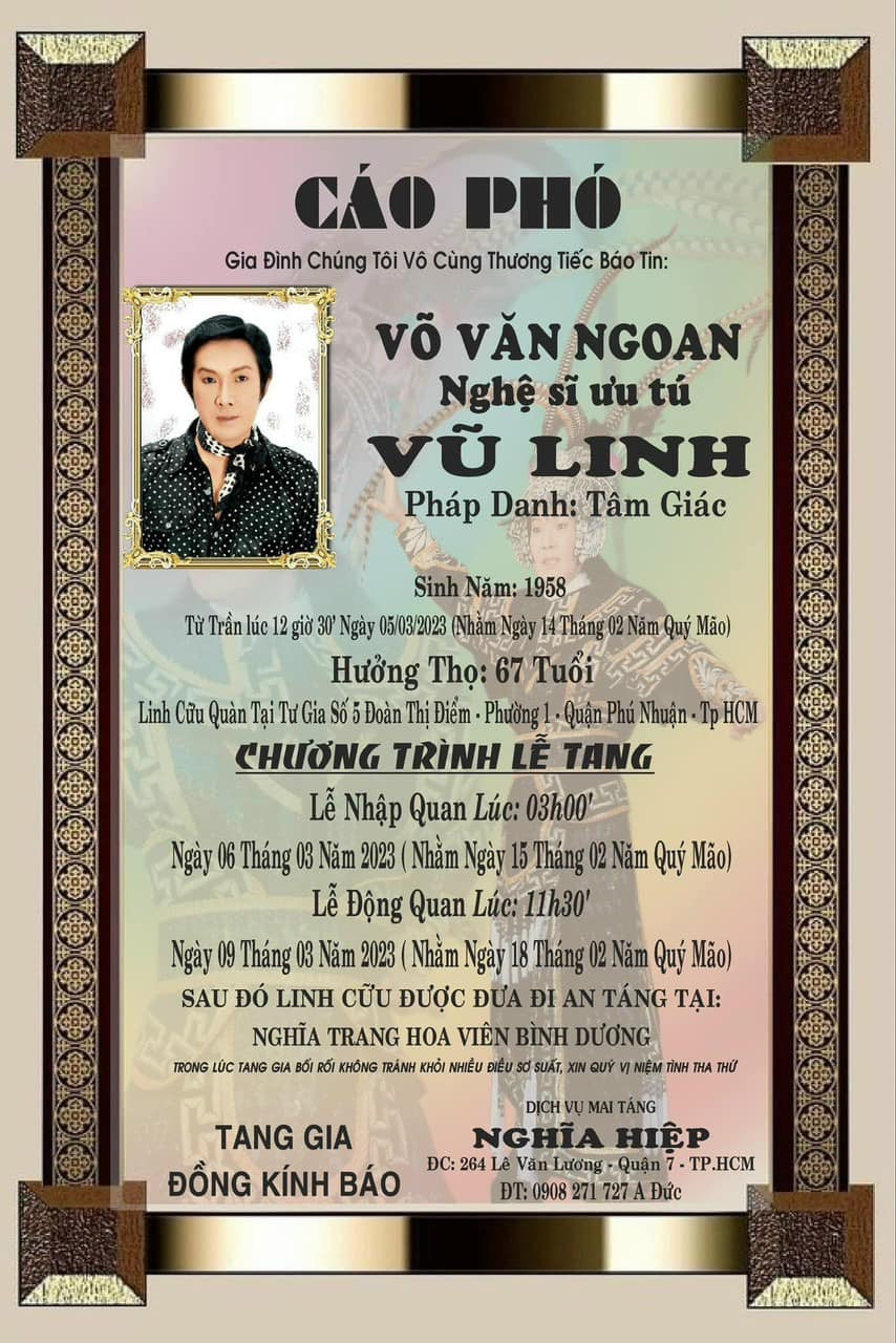 NSƯT Vũ Linh qua đời trưa 5/3 tại nhà riêng. Thông tin ông hoàng cải lương tuồng cổ mất khiến giới nghệ sĩ bàng hoàng. Sau khi gửi vòng hoa kính viếng, nhiều nghệ sĩ có mặt ở tang lễ để tiễn biệt đồng nghiệp. NSƯT Vũ Linh qua đời trưa 5/3 tại nhà riêng. Thông tin ông hoàng cải lương tuồng cổ mất khiến giới nghệ sĩ bàng hoàng. Sau khi gửi vòng hoa kính viếng, nhiều nghệ sĩ có mặt ở tang lễ để tiễn biệt đồng nghiệp.