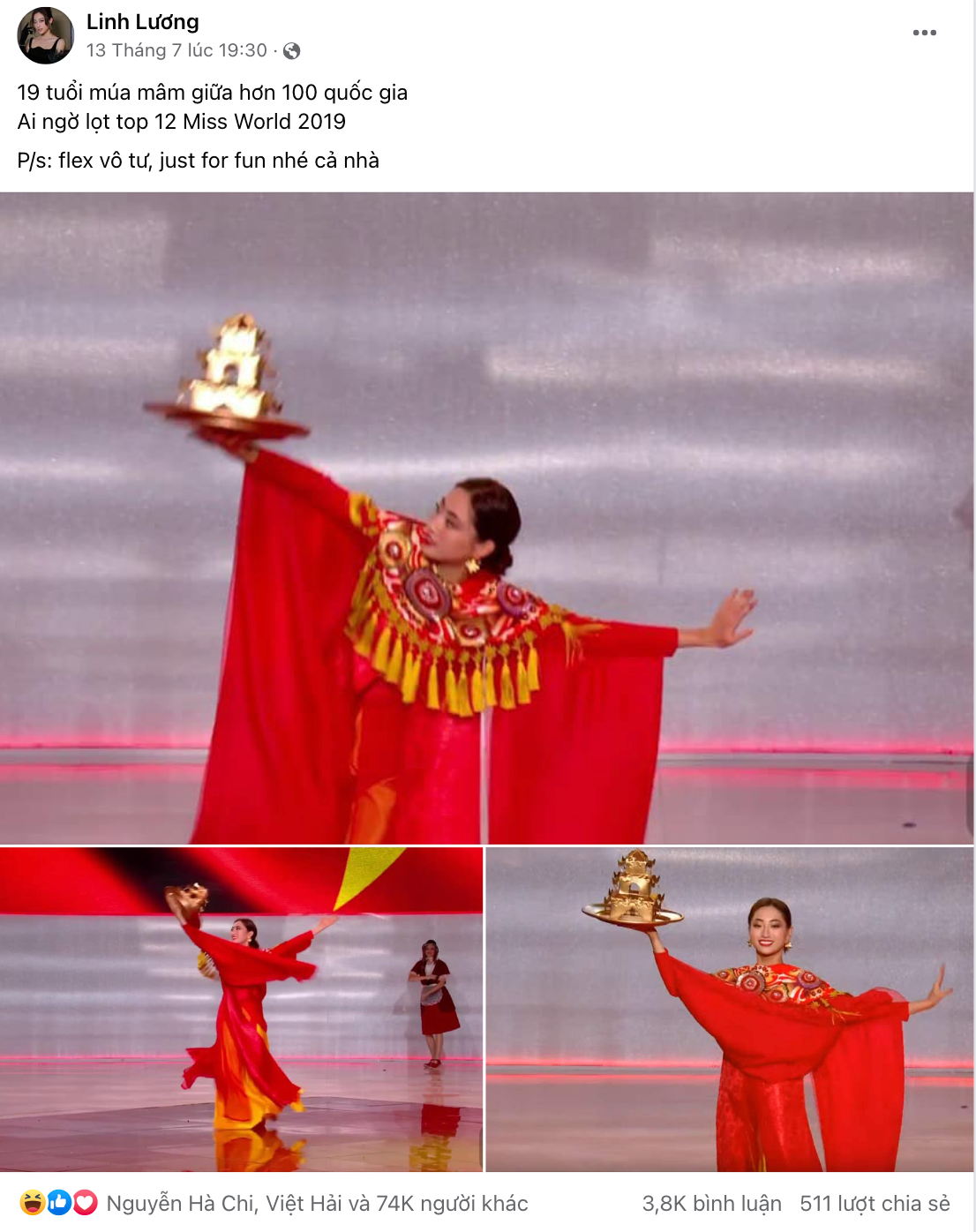 Màn flex &quot;vô tư&quot; của Hoa hậu Lương Thùy Linh nhận gần 80 nghìn lượt tương tác.