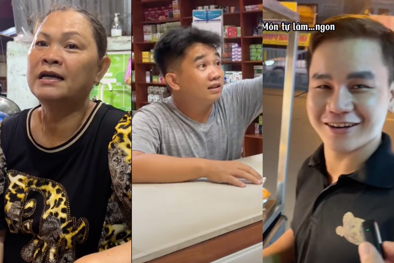 Cô bán bún mắm, anh bán xôi chiên và chủ tiệm thuốc đã giúp đỡ Hoàng lúc hoạn nạn (Ảnh cắt từ video). Cô bán bún mắm, anh bán xôi chiên và chủ tiệm thuốc đã giúp đỡ Hoàng lúc hoạn nạn (Ảnh cắt từ video).