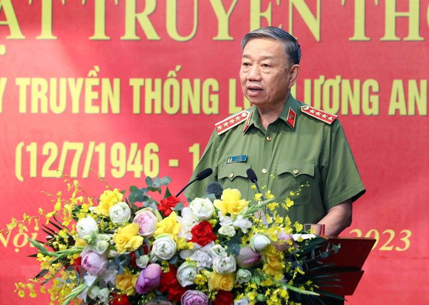 Đại tướng Tô Lâm, Ủy viên Bộ Chính trị, Bộ trưởng Bộ Công an phát biểu. Ảnh: Thống Nhất/TTXVN.