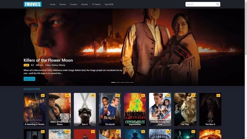 Giao diện của Fmovies trước khi bị đánh sập.