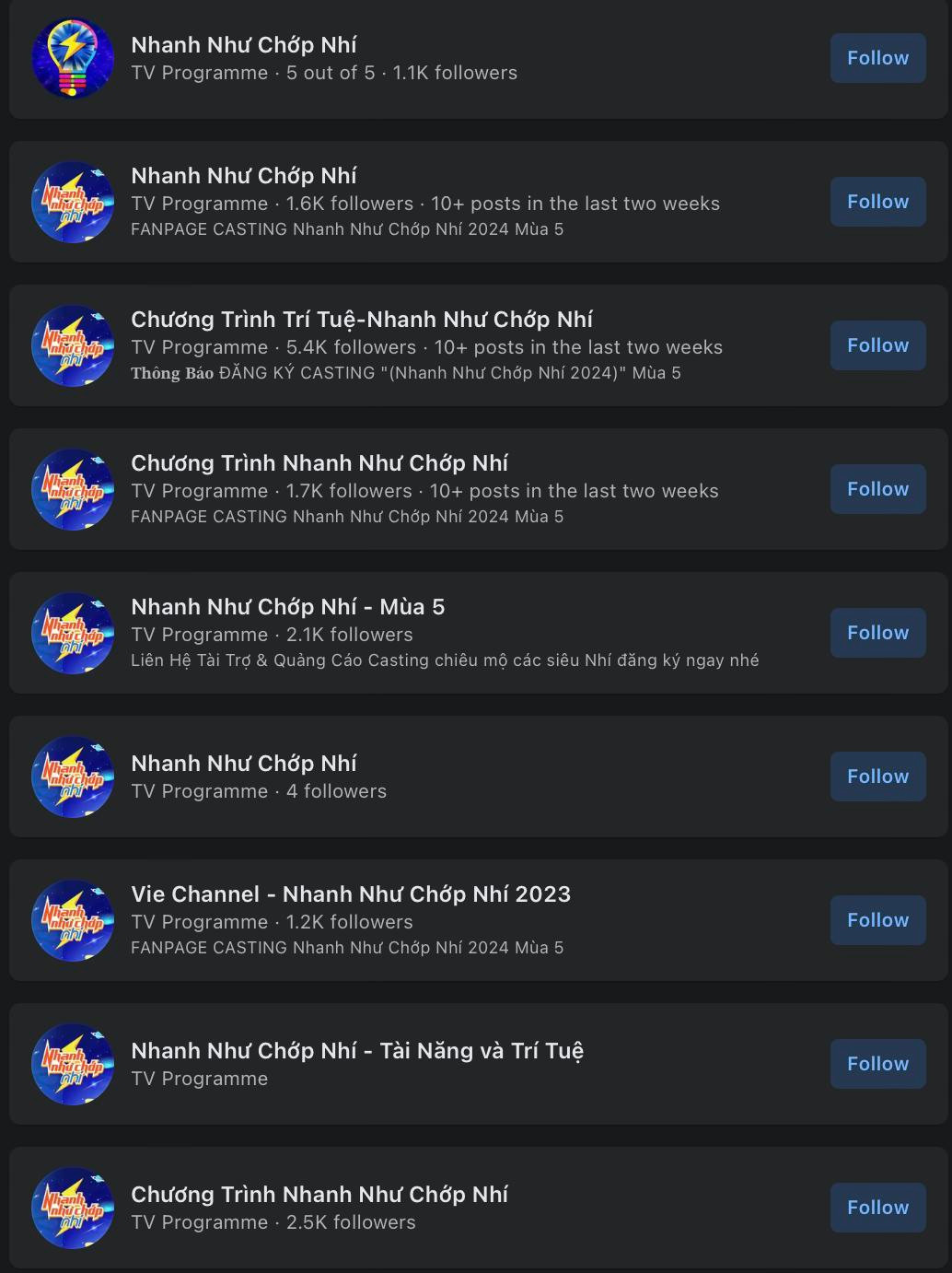 Nhiều fanpage giả mạo chương trình Nhanh như chớp nhí được lập ra để lừa đảo phụ huynh. Nhiều fanpage giả mạo chương trình Nhanh như chớp nhí được lập ra để lừa đảo phụ huynh.