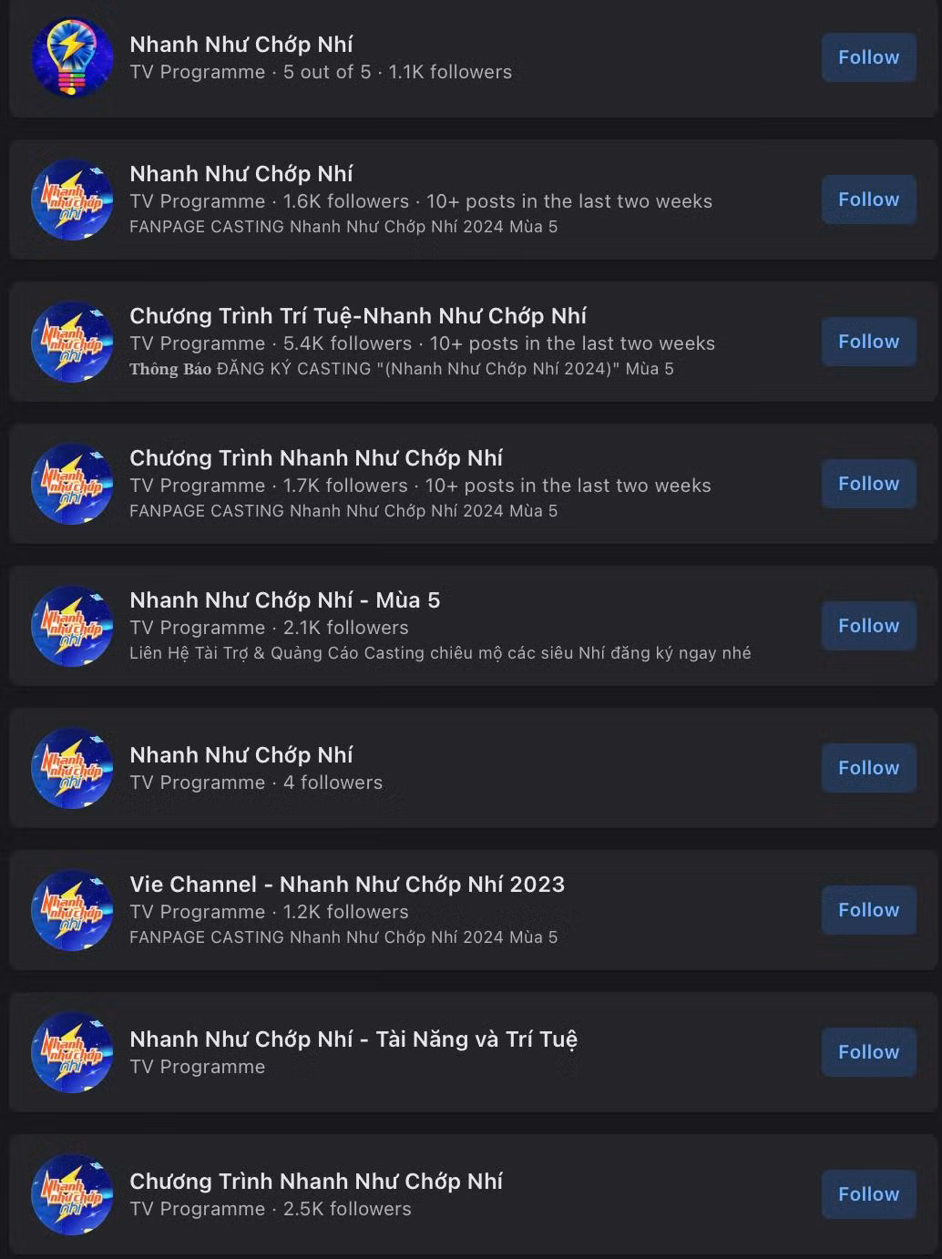 Nhiều fanpage giả mạo chương trình Nhanh như chớp nhí được lập ra để lừa đảo phụ huynh.