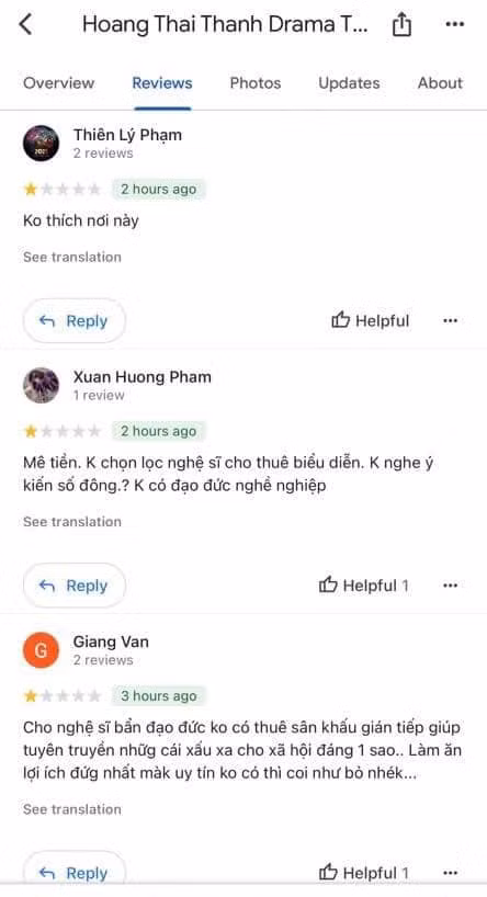 Bão 1 sao trên trang của sân khấu kịch Hoàng Thái Thanh.