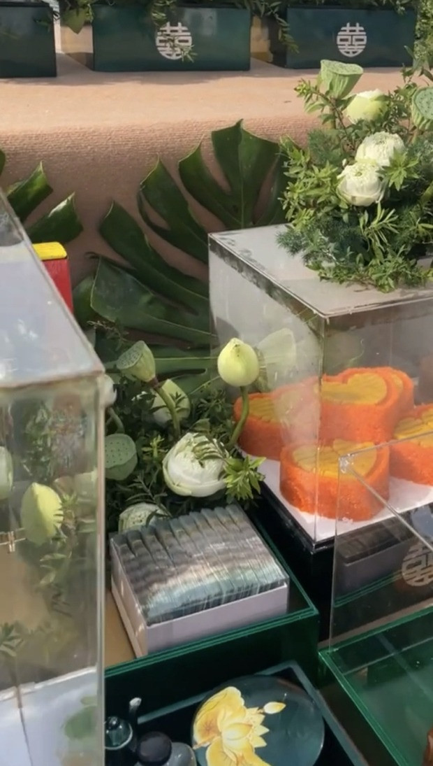 Nhà trai chuẩn bị kỹ lưỡng phần mâm trầu và khay rượu cưới cho hôn lễ ở Đồng Tháp. Gin Tuấn Kiệt còn lồng kính cho vật phẩm cưới để tăng độ sang trọng.