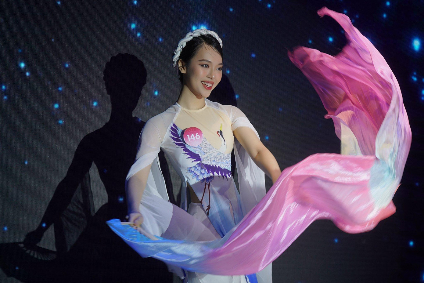Thí sinh Trịnh Thùy Linh biểu diễn bài múa thông qua tiết mục Đom đóm. Cách trang điểm cùng trang phục của cô gái mang số báo danh 146 đậm chất phụ nữ Việt Nam truyền thống.