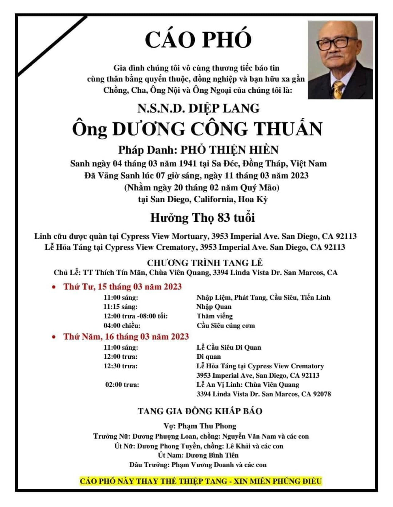 Cáo phó NSND Diệp Lang.