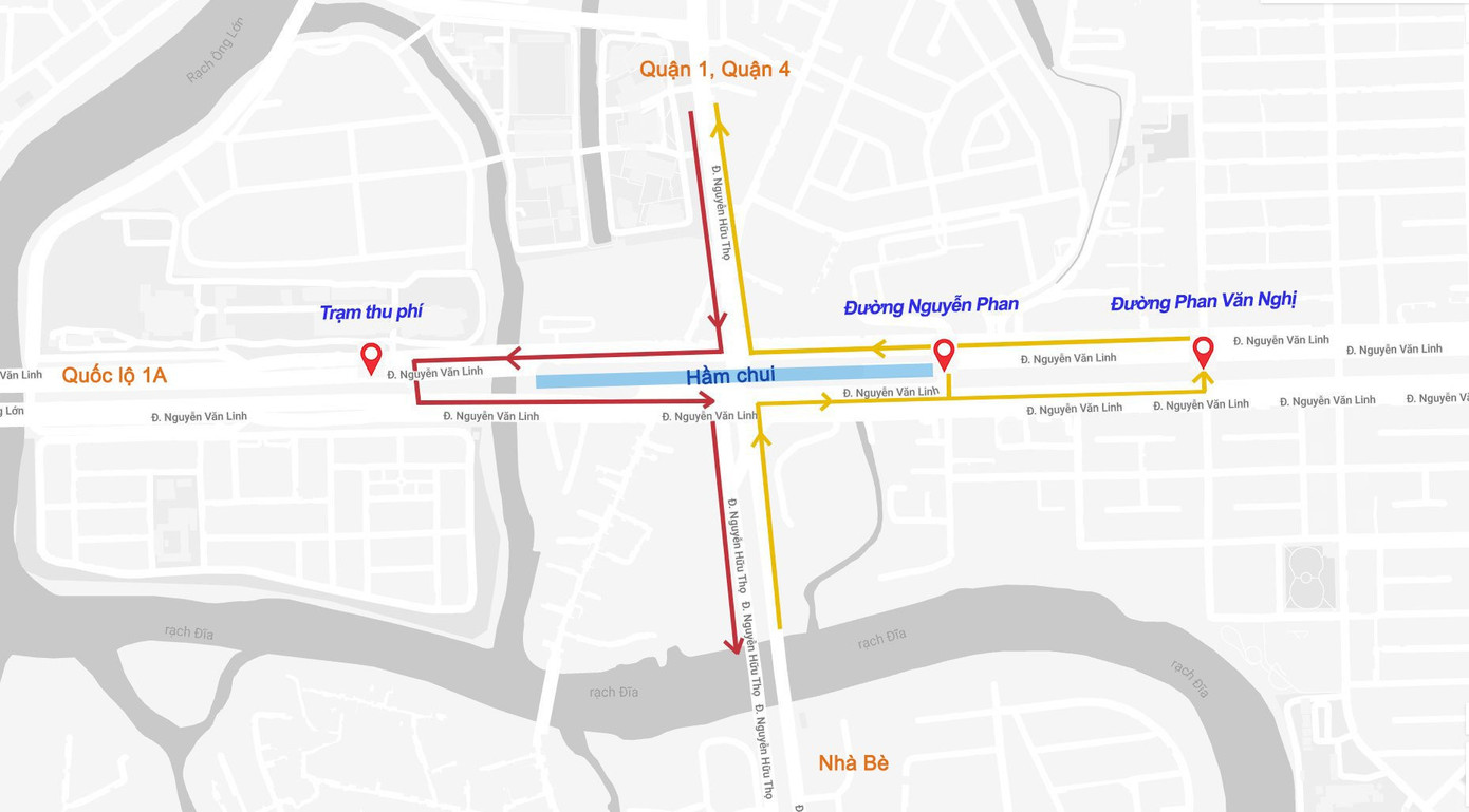 Khu vực thi công hầm chui Nguyễn Văn Linh - Nguyễn Hữu Thọ, TP.HCM (Đồ họa: Nguyễn Huế)