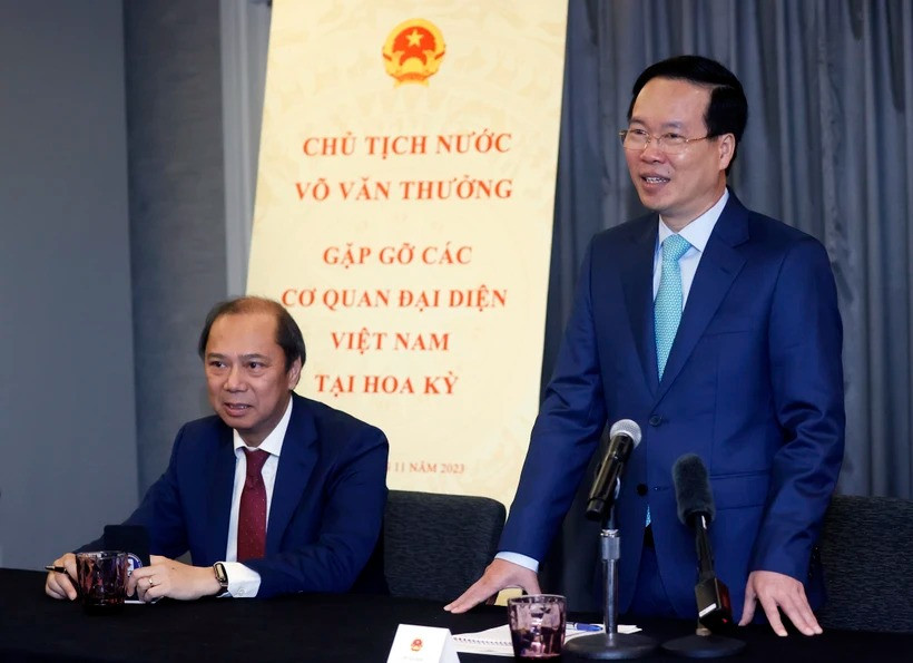 Chủ tịch nước Võ Văn Thưởng phát biểu tại buổi gặp mặt. (Ảnh: Thống Nhất/TTXVN).