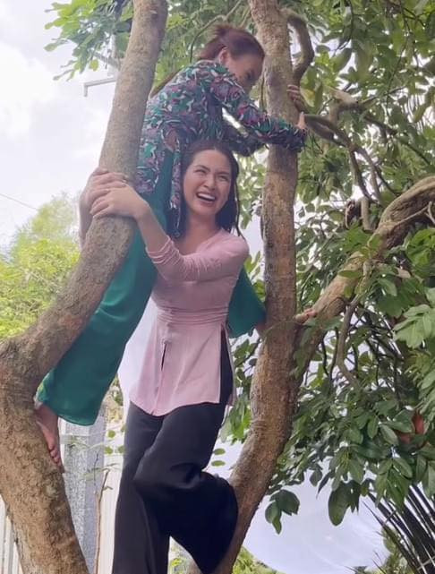 Hình ảnh hai nghệ sĩ nhiệt tình leo cây đang lan truyền trên mạng và nhận nhiều bình luận hài hước: &quot;Đúng là Hòa Minzy gặp Ngọc Phước chỉ có vui lên nóc nhà&quot;, &quot;Tối qua diễn nét thùy mị là thấy không đúng lắm rồi&quot;, &quot;Là thùy mị dữ chưa? Hôm nay leo lên tới cây rồi không biết sẽ tới chuyện gì nữa&quot;...