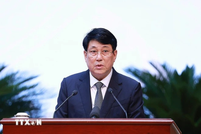 Đồng chí Lương Cường, Ủy viên Bộ Chính trị, Thường trực Ban Bí thư, phát biểu khai mạc. (Ảnh: Dương Giang/ TTXVN).