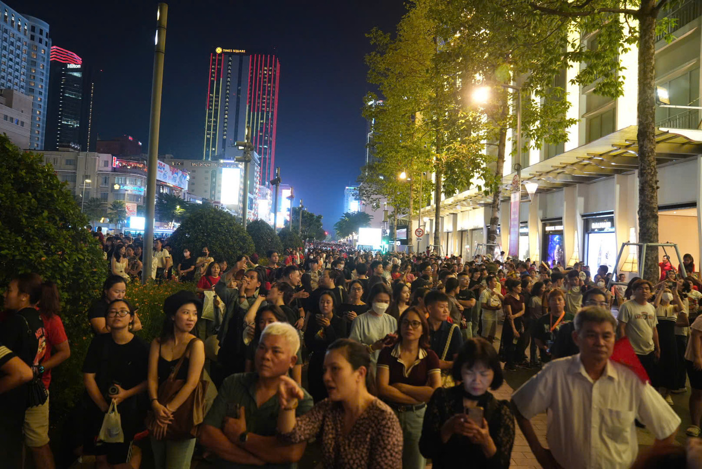 Dòng người kéo dài dọc hai bên vỉa hè từ đầu phố đi bộ Nguyễn Huệ. Nhiều người mặc áo cờ đỏ sao vàng, tay cầm cờ Tổ quốc, chuẩn bị theo dõi chương trình nghệ thuật ánh sáng hiếm có.