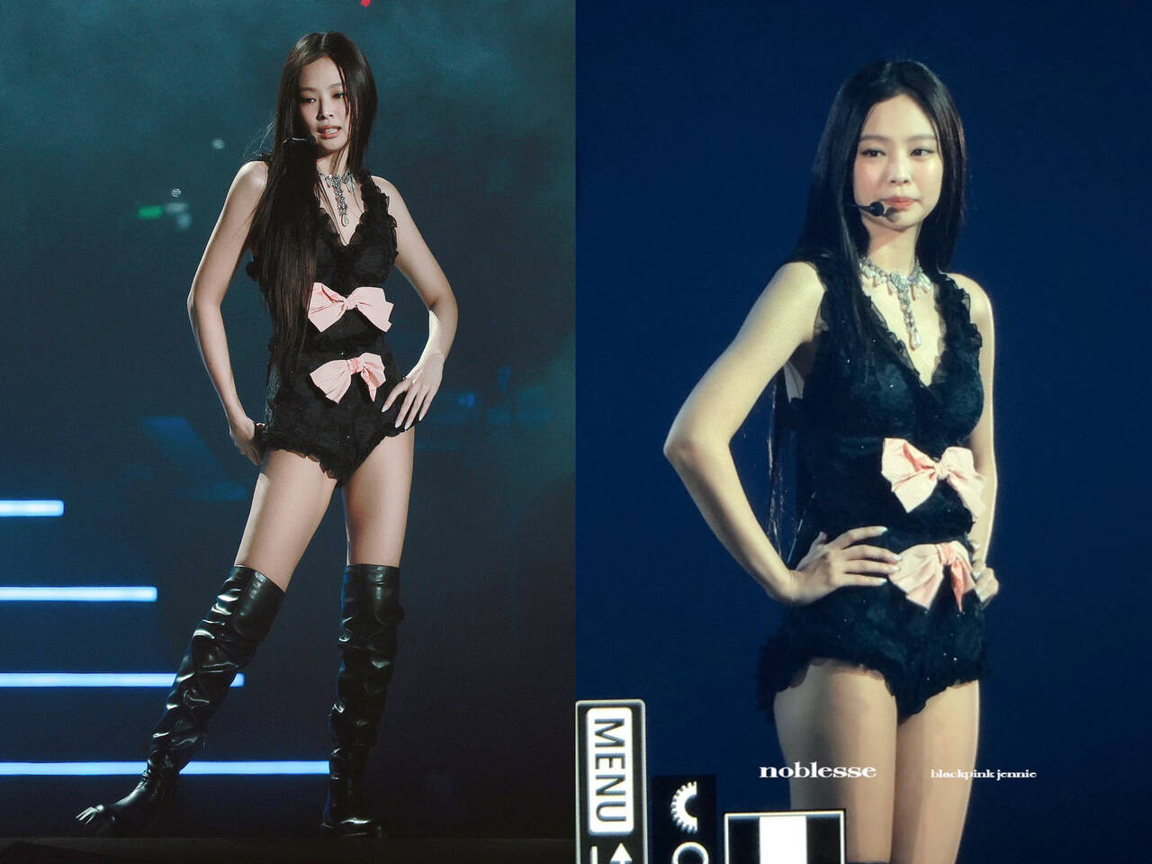 Jennie với trang phục bó sát, đính nơ Đen Hồng. Cô chọn boots da cao đến gối để &quot;hack&quot; dáng, khoe cơ thể thon gọn.