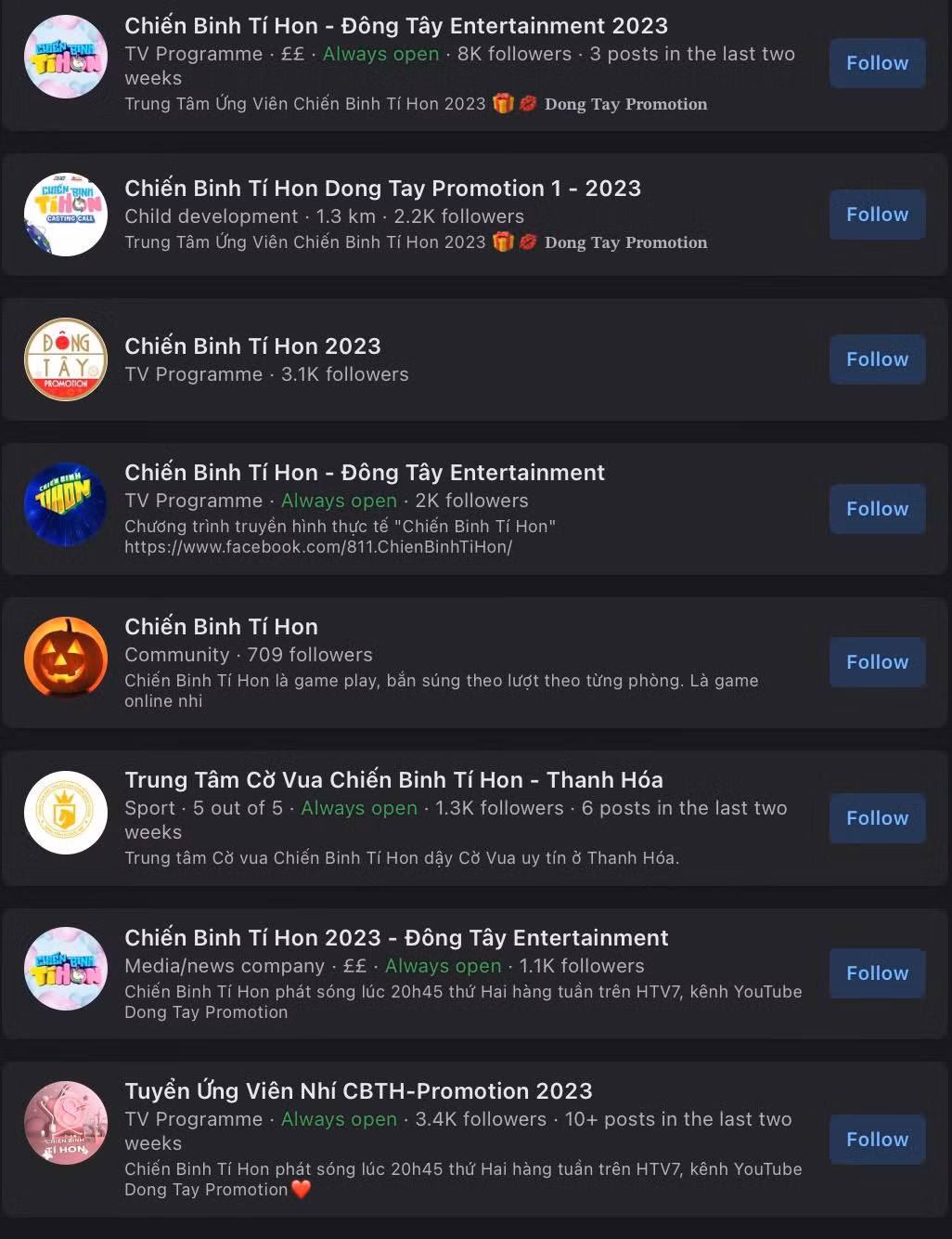 Nhiều fanpage giả mạo chương trình Nhanh như chớp nhí được lập ra để lừa đảo phụ huynh.
