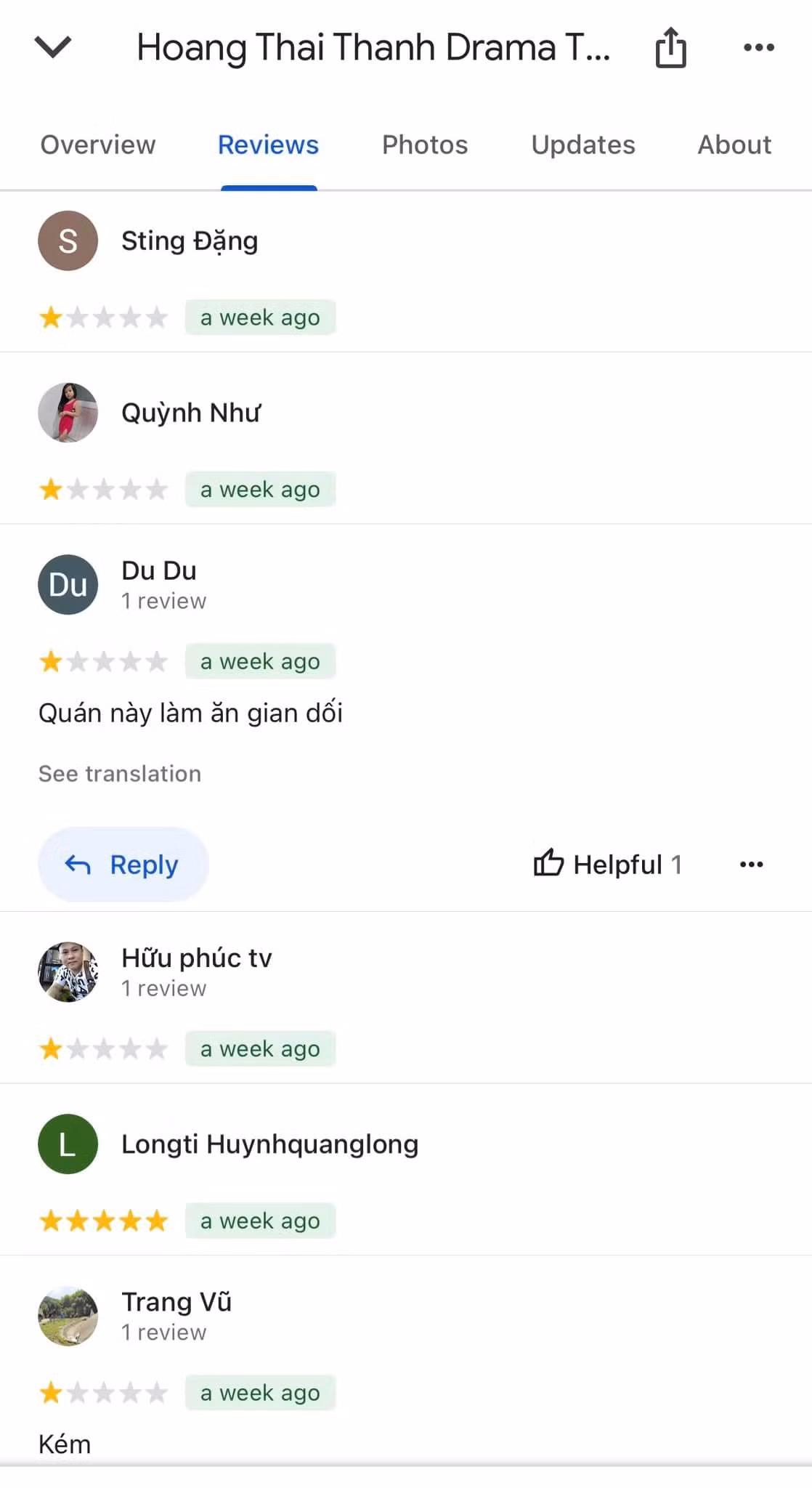 Bão 1 sao trên trang của sân khấu kịch Hoàng Thái Thanh.