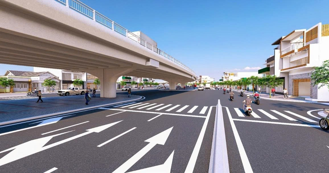 Đường song hành phía dưới rộng 3 làn xe mỗi bên, vận tốc 60km/h. Tại nút giao cầu Bình Lợi và nút giao Bình Phước, hầm chui hai chiều sẽ được xây dựng. Trong ảnh là mô phỏng thiết kế cầu cạn kết hợp đường song hành được đề xuất thực hiện. Dự kiến, tổng mức đầu tư sơ bộ cho phương án đường trên cao là 19.953 tỷ đồng, trong đó, khoảng 1.150 hộ dân bị ảnh hưởng với diện tích khoảng 18ha.