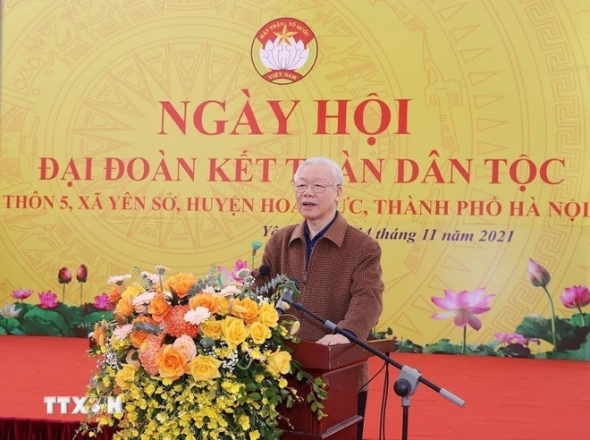Tổng Bí thư Nguyễn Phú Trọng dự và phát biểu tại Ngày hội Đại đoàn kết toàn dân tộc ở thôn 5, xã Yên Sở, huyện Hoài Đức, thành phố Hà Nội, ngày 14/11/2021. Ảnh: TTXVN Tổng Bí thư Nguyễn Phú Trọng dự và phát biểu tại Ngày hội Đại đoàn kết toàn dân tộc ở thôn 5, xã Yên Sở, huyện Hoài Đức, thành phố Hà Nội, ngày 14/11/2021. Ảnh: TTXVN