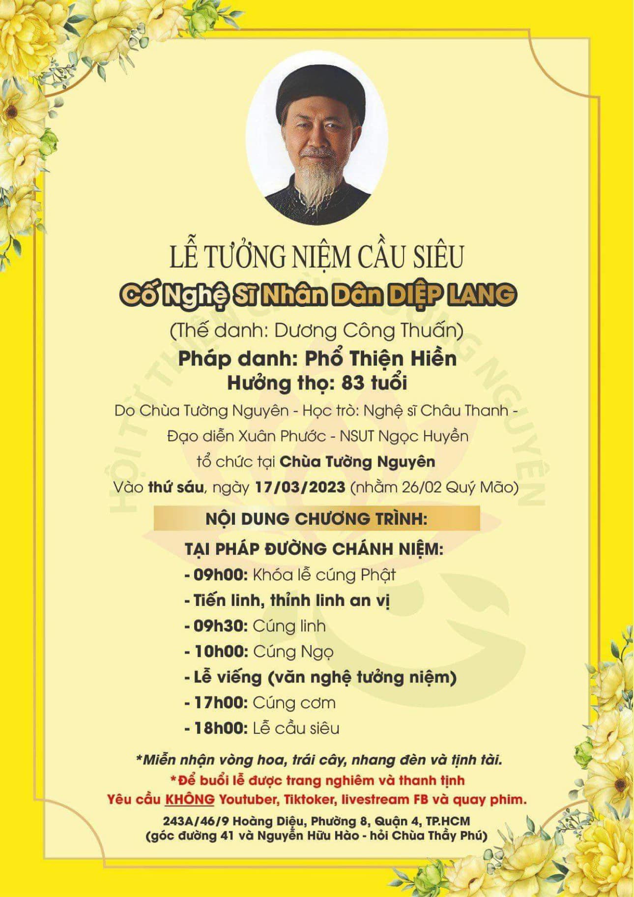 Lễ cầu siêu NSND Diệp Lang tại Việt Nam cấm YouTuber và TikToker. Lễ cầu siêu NSND Diệp Lang tại Việt Nam cấm YouTuber và TikToker.