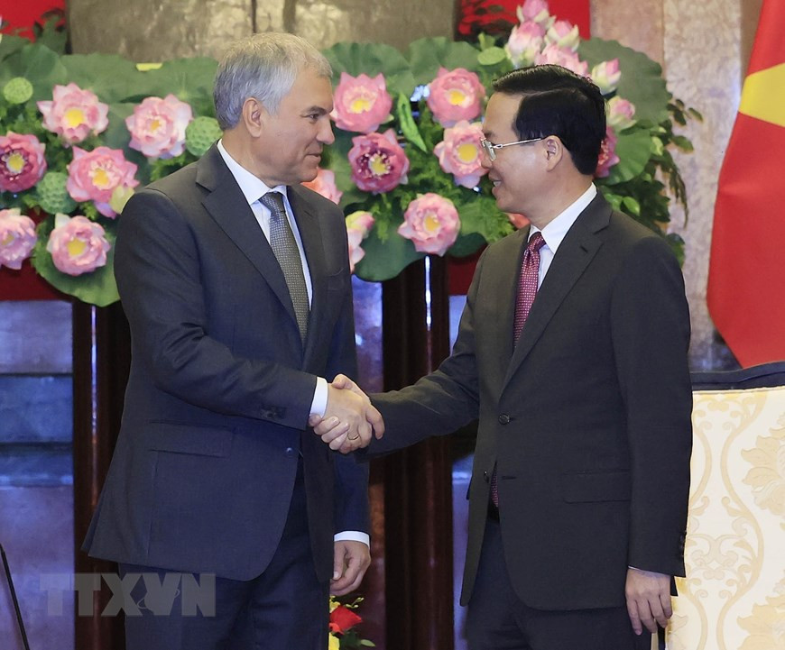 Chủ tịch nước Võ Văn Thưởng tiếp Chủ tịch Duma Quốc gia Nga Vyacheslav Viktorovich Volodin. (Ảnh: Thống Nhất/TTXVN). Chủ tịch nước Võ Văn Thưởng tiếp Chủ tịch Duma Quốc gia Nga Vyacheslav Viktorovich Volodin. (Ảnh: Thống Nhất/TTXVN).