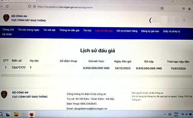 Lịch sử đấu giá biển số 72A-777.77 được xác nhận đã nộp đủ 6,85 tỉ đồng.