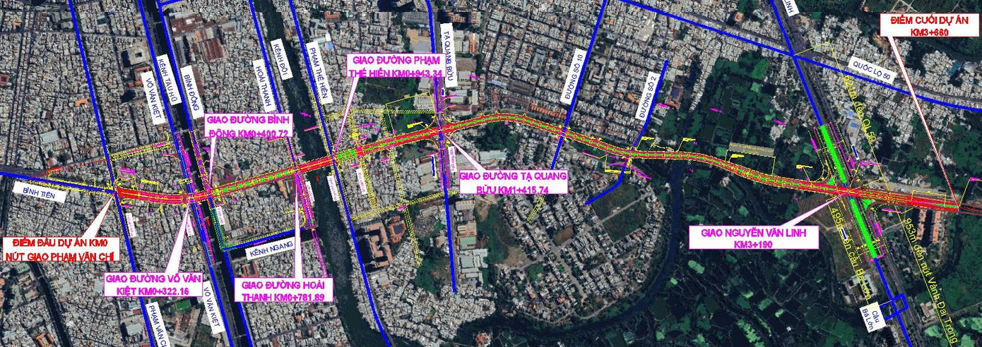 Theo phương án thiết kế, tuyến đường này sẽ xây dựng cầu cạn, bắt đầu từ trước đường Võ Văn Kiệt đến sau đường Nguyễn Văn Linh. Cầu nhánh nối đường Võ Văn Kiệt, Bình Đông, Hoài Thanh; nhánh lên xuống trước đường Tạ Quang Bửu, Nguyễn Văn Linh.
