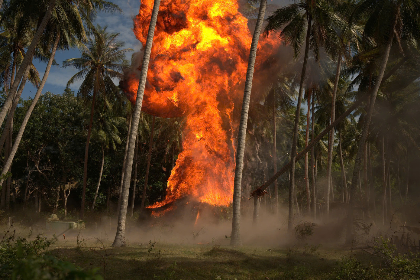 Lý Hải quay cảnh bom nổ ở rừng dừa. Lý Hải quay cảnh bom nổ ở rừng dừa.