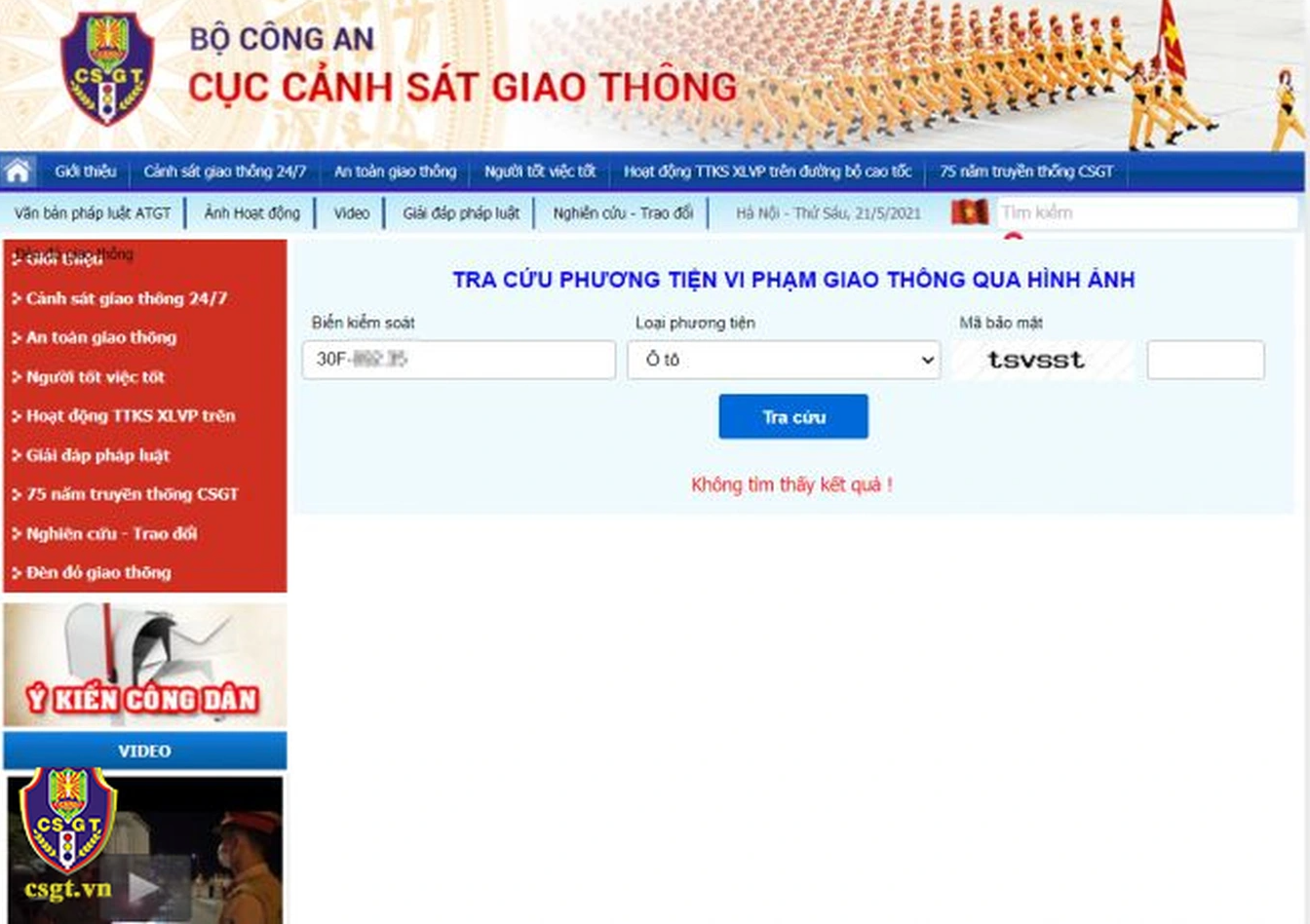 Đối với các trường hợp không vi phạm hoặc việc vi phạm chưa quá 7 ngày thì dữ liệu sẽ không tìm thấy trên trang tra cứu (Ảnh chụp màn hình). Đối với các trường hợp không vi phạm hoặc việc vi phạm chưa quá 7 ngày thì dữ liệu sẽ không tìm thấy trên trang tra cứu (Ảnh chụp màn hình).