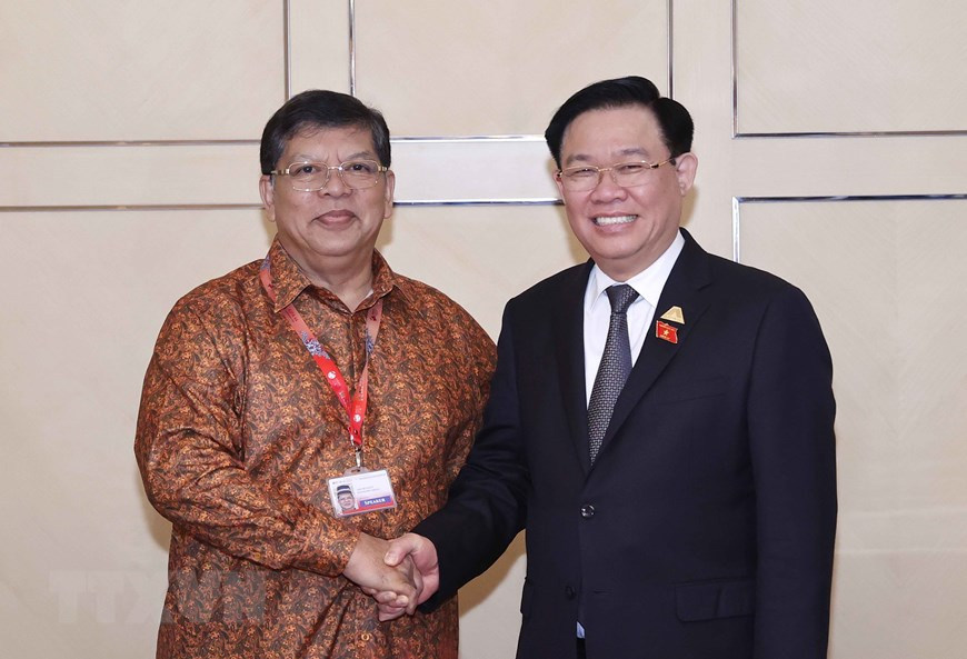 Chủ tịch Quốc hội Vương Đình Huệ gặp Chủ tịch Hạ viện Malaysia Tan Sri Dato’ Johari Bin Abdul. (Ảnh: Doãn Tấn/TTXVN).