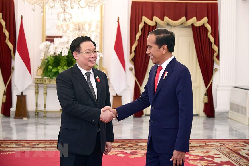 Chủ tịch Quốc hội Vương Đình Huệ có cuộc hội kiến với Tổng thống Indonesia Joko Widodo. (Ảnh: TTXVN).