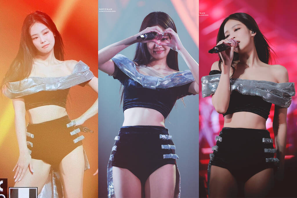 Jennie ít khi làm người hâm mộ thất vọng với trang phục trên sân khấu. Thiết kế crop top lệch vai cùng quần bó sát ánh bạc làm tôn lên vẻ nữ tính nhưng không kém phần gợi cảm của rapper sinh năm 1996.