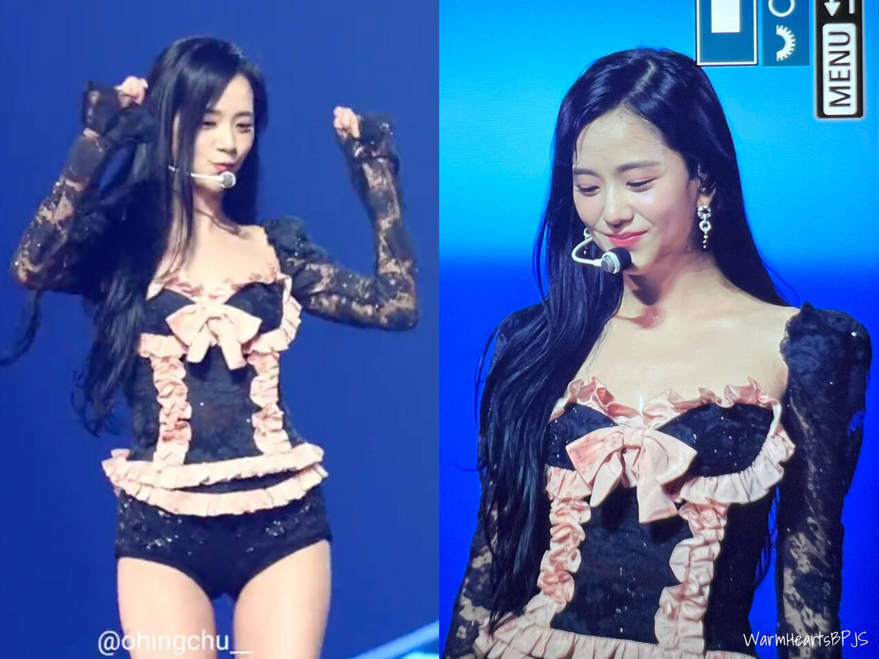 Thành viên lớn tuổi nhất BlackPink là Jisoo trung thành với phong cách nữ tính. Dù diện trang phục bó sát, gương mặt sáng nhất nhóm (visual) vẫn chọn thiết kế có chi tiết bèo, thắt nơ để tôn lên vẻ ngọt ngào.