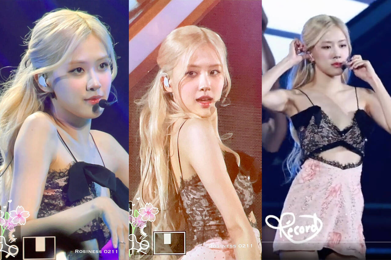 Rosé xuất hiện nổi bật với mái tóc vàng đặc trưng. Nhiều người bất ngờ với độ táo bạo của nữ ca sĩ khi chọn áo ren hai dây lên sân khấu.