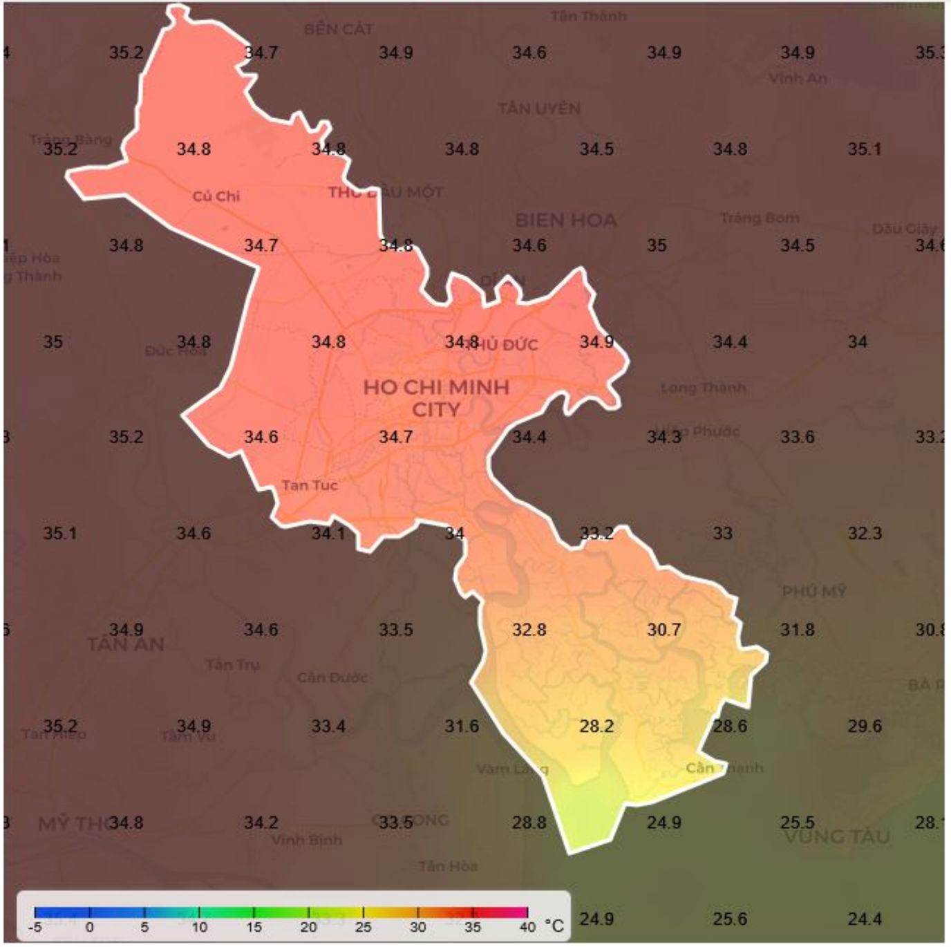 Bản đồ dự báo nhiệt độ cao nhất tại TPHCM trong 24 giờ tới. Nguồn: Đài Khí tượng Thủy văn khu vực Nam bộ Bản đồ dự báo nhiệt độ cao nhất tại TPHCM trong 24 giờ tới. Nguồn: Đài Khí tượng Thủy văn khu vực Nam bộ