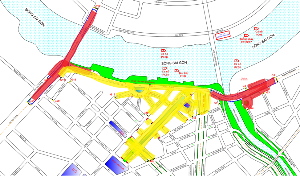 Phạm vi cấm xe đêm giao thừa Tết Nguyên đán Giáp Thìn năm 2024 tại trung tâm TPHCM. Trong đó, khu vực màu vàng là các tuyến đường cấm xe lưu thông, khu vực màu đỏ là cầu Ba Son và cầu Khánh Hội. Ảnh: Sở GTVT TPHCM Phạm vi cấm xe đêm giao thừa Tết Nguyên đán Giáp Thìn năm 2024 tại trung tâm TPHCM. Trong đó, khu vực màu vàng là các tuyến đường cấm xe lưu thông, khu vực màu đỏ là cầu Ba Son và cầu Khánh Hội. Ảnh: Sở GTVT TPHCM