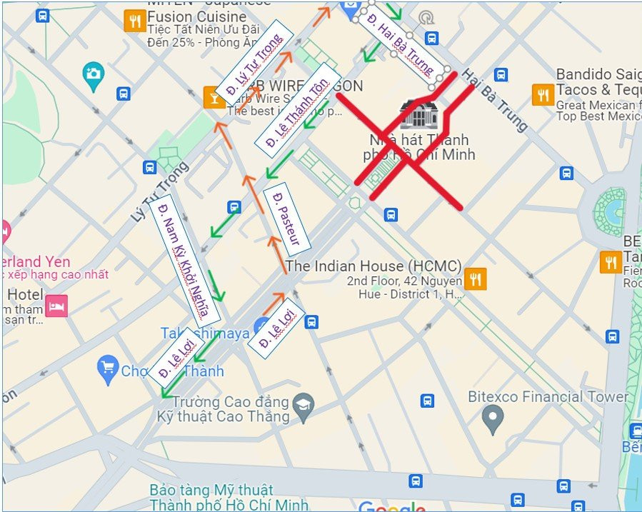 Các đoạn đường quanh Nhà hát TPHCM sẽ cấm phương tiện lưu thông vào tối mùng 5 Tết Nguyên đán. Ảnh: Sở GTVT TPHCM