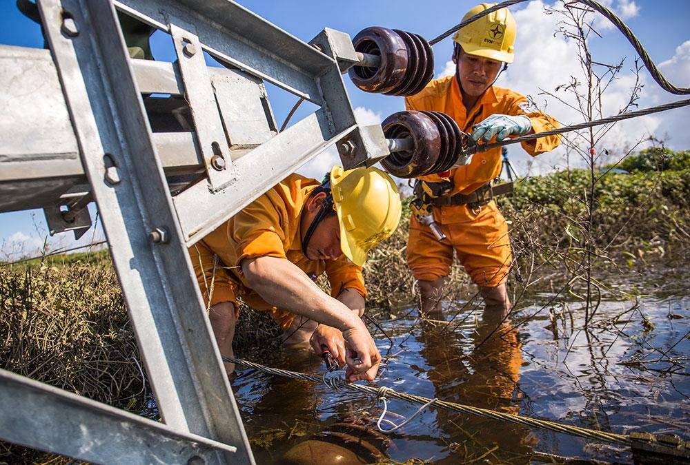 Công nhân điện lực xử lý sự cố do ảnh hưởng bão số 9 năm 2020 tại huyện Núi Thành, tỉnh Quảng Nam