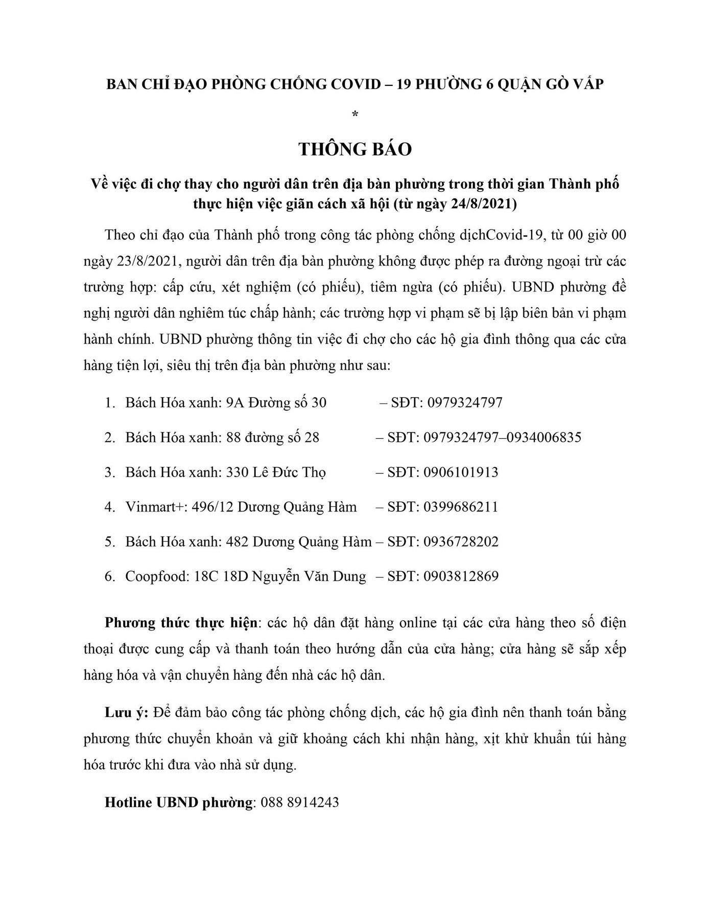 UBND phường 6, quận Gò Vấp cung cấp số điện thoại các cửa hàng, siêu thị để người dân tự liên hệ