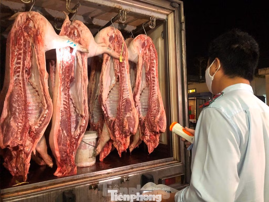 Lực lượng chức năng kiểm tra trước khi thịt heo nhập chợ đầu mối