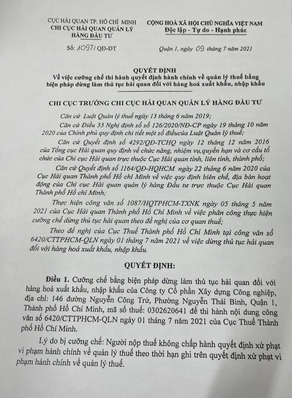 Quyết định cưỡng chế bằng biện pháp tạm dừng thủ tục hải quan đối với doanh nghiệp nợ thuế Quyết định cưỡng chế bằng biện pháp tạm dừng thủ tục hải quan đối với doanh nghiệp nợ thuế