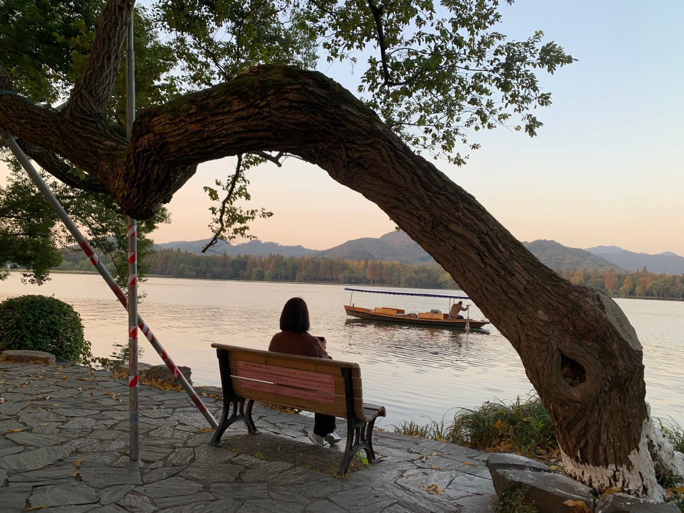 Du khách ngồi ghế dưới dáng cây nghiêng ngắm thuyền trên Hồ Tây ở thành phố Hàng Châu, tỉnh Chiết Giang. Ảnh: Linh Nhi.