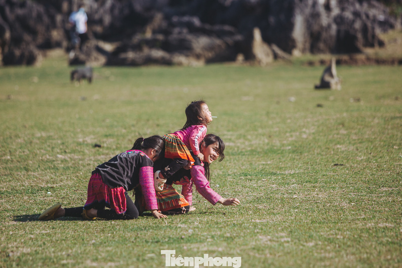 Những đứa trẻ hồn nhiên, cùng nô đùa trên thảm cỏ.