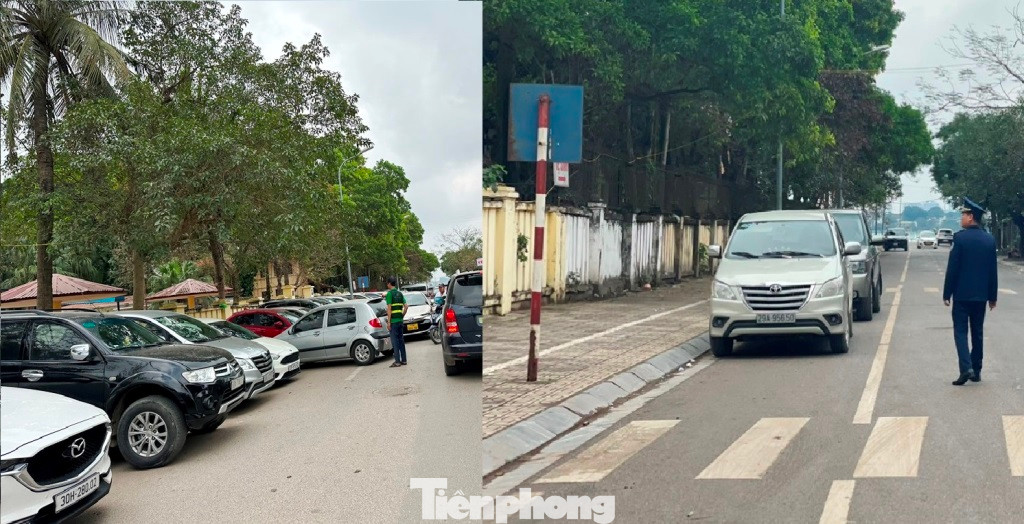 Hình ảnh bãi xe "chặt chém" trong ngày 28/2 (ảnh trái) và hình ảnh khi liên ngành Công an - Thanh tra đến kiểm tra (ảnh phải).
