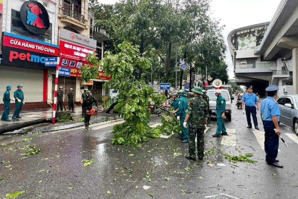 159 chốt liên ngành đang thực hiện cắt cây đổ, thu dọn hiện trường, khôi phục giao thông trong sáng nay.