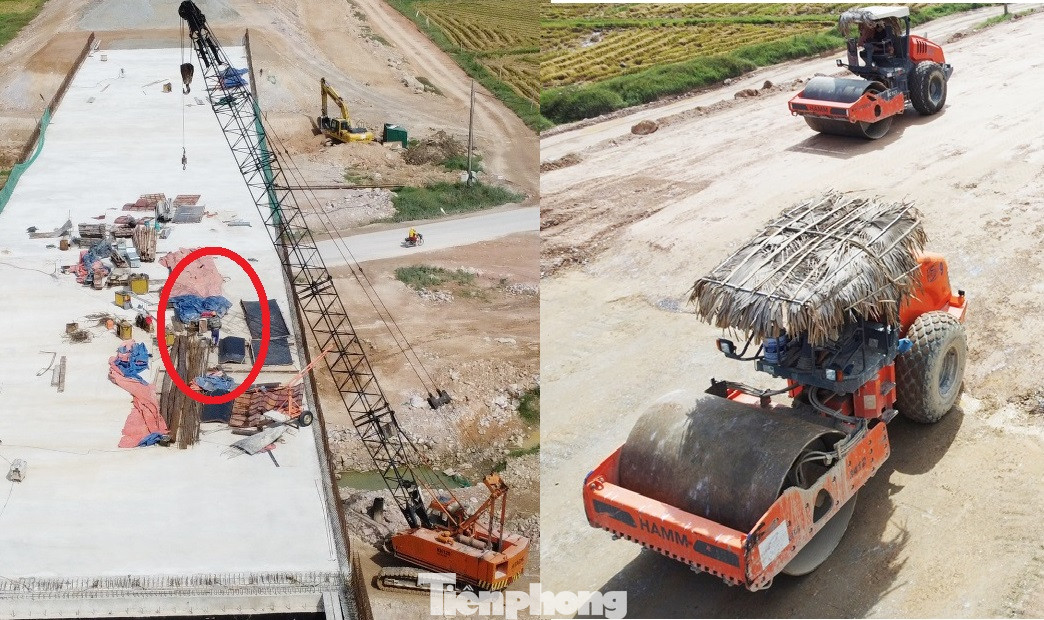 Công nhân và máy móc thi công tại công trường gói thầu số 11 (11-XL) - đi qua huyện Can Lộc, Hà Tĩnh do liên danh Vinaconex và Tổng Cty 319, đang "đội nắng" để tranh thủ thời tiết không mưa lu lèn móng mặt đường và dựng cầu. Gói thầu số 11-XL cũng là gói thầu có sản lượng thi công tốt nhất dự án - đạt 68%.