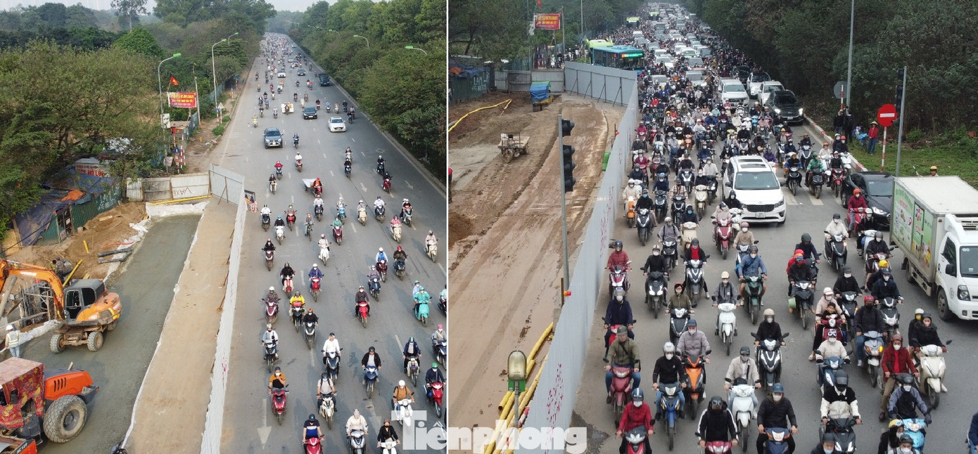 Việc thay đổi này khiến lòng đường đại lộ Thăng Long được mở rộng, không bị thu hẹp chiếm dụng gần một nửa, gây ùn tắc như 3 ngày trước đó (ảnh phải).