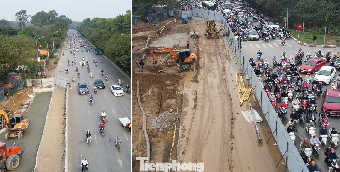 Từ chiếm dụng lòng đường mặt mét chiều rộng (ảnh phải), cuối tuần qua đơn vị thi công đã phải thu hẹp xuống còn 4 mét (ảnh trái)
