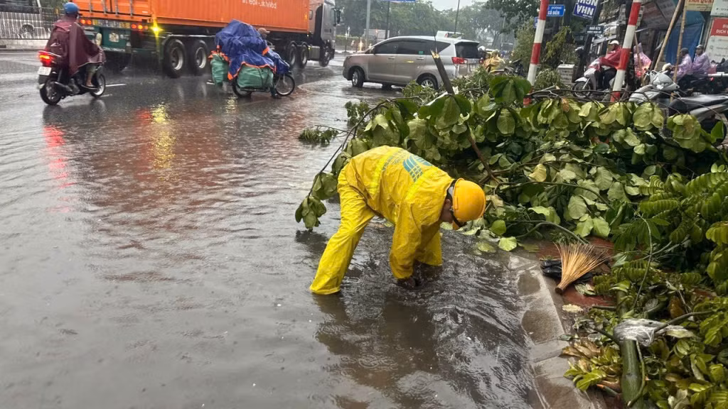 Ngập trên phố Hoa Bằng (Cầu Giấy). Được biết, nhiều vị trí thoát nước trên đường đang bị cây đổ do ảnh hưởng bão số 3 chưa được dọn đi, nhân viên thoát nước phải kéo dạt cây xanh bị đổ sang bên khai thông hố ga thoát nước. Ngập trên phố Hoa Bằng (Cầu Giấy). Được biết, nhiều vị trí thoát nước trên đường đang bị cây đổ do ảnh hưởng bão số 3 chưa được dọn đi, nhân viên thoát nước phải kéo dạt cây xanh bị đổ sang bên khai thông hố ga thoát nước.
