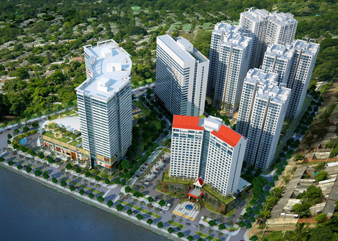 Phối cảnh dự án phức hợp Hoang Anh Gia Lai Myanmar Centre tại Yangon, Myanmar với 3 mặt tiền, một mặt nhìn ra bờ hồ.