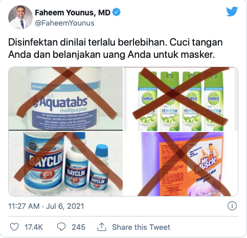 Một tweet của TS Younus bằng tiếng Bahasa nói về những hiểu nhầm liên quan đến chất khử trùng